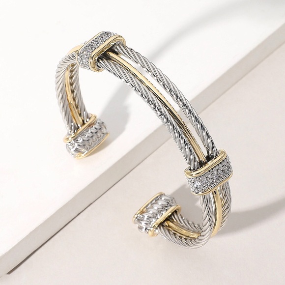 1️⃣5️⃣Two Tone Metal Rope Cable Cuff Bracelet With Pave Crystals - Picture 1 of 5
